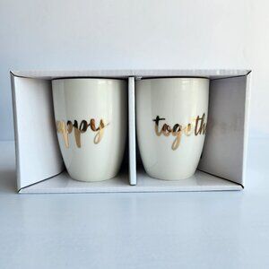 NIB "Happy Together" Mug Set of 2 16 Ounce White/Ivory with Gold Lettering